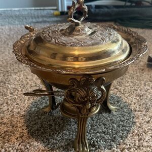Vintage Bronze & Brass Fondue Set/Chafing Dish, missing handle